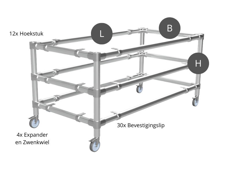 Werktafel onderstel met 2 onder-etages uit gegalvaniseerde buis Ø 48,3 mm zwenkwielen